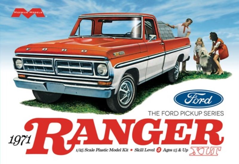 1/25 scale model kit of 1971 Ford Ranger Pickup by Moebius, designed for automotive enthusiasts and model builders.