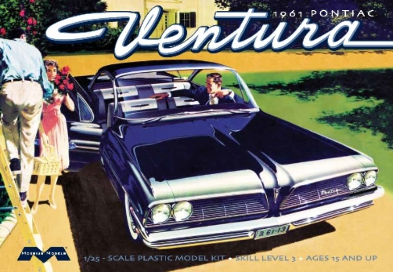 Detailed unassembled model kit of the 1961 Pontiac Ventura SD, designed for ages 10 and up, requiring glue and paint.