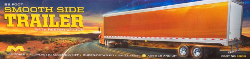 Detailed 1/25 scale plastic model kit of a 53' smoothside trailer, perfect for hobbyists and collectors to build and customize.