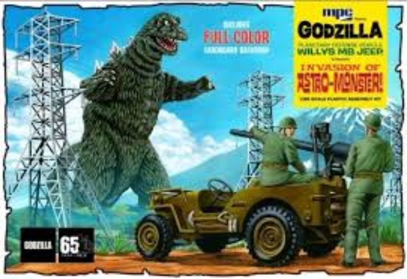 1/25 scale Godzilla Army Jeep plastic model kit, ideal for creative hobbyists aged 10 and up, requires glue and paint for assembly.