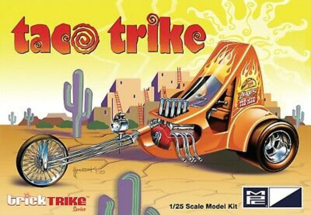 Unassembled 1/25 scale Taco Trike plastic model kit by MPC, designed for creative builders age 10 and up.