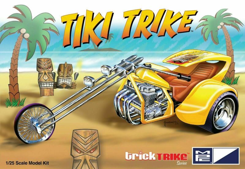 1/25 scale Tiki Trike plastic model kit featuring detailed parts for custom assembly, perfect for hobbyists ages 10 and up.