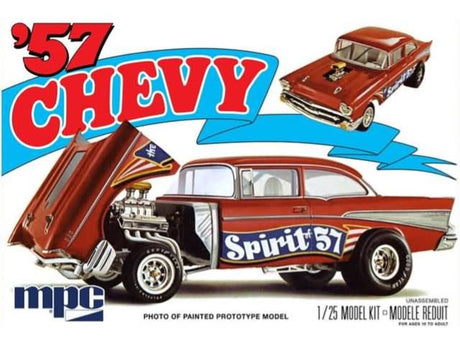 Detailed 1/25 scale model kit of a classic '57 Chevy with flip nose design, perfect for car enthusiasts and creative builders.