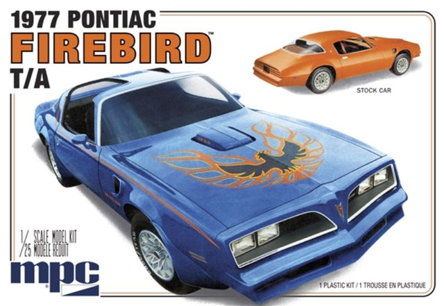 1/25 scale unassembled model kit of the 1977 Pontiac Firebird, requiring glue and paint for hobbyists aged 10 and up.