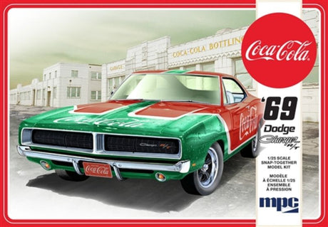 1/25 scale model kit of a 1969 Dodge Charger R/T with vibrant Coca Cola branding, ideal for car enthusiasts and collectors.