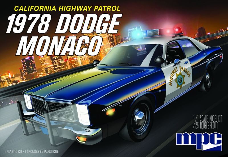 1/25 scale plastic model kit of the 1978 Dodge Monaco CHP police car, featuring detailed interiors and realistic decals.