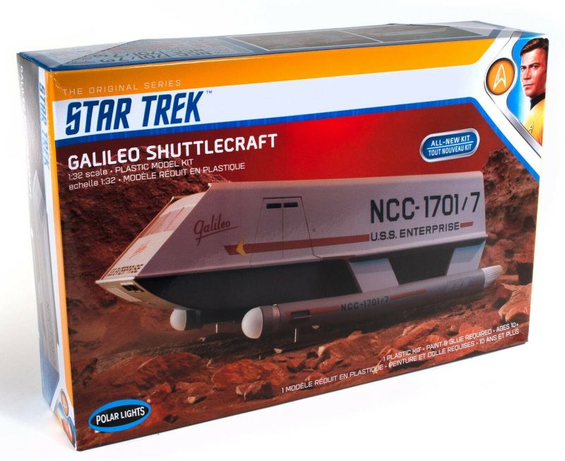 Detailed 1/32 scale model kit of the Star Trek Galileo Shuttle, ideal for fans and collectors, requires glue and paint to assemble.