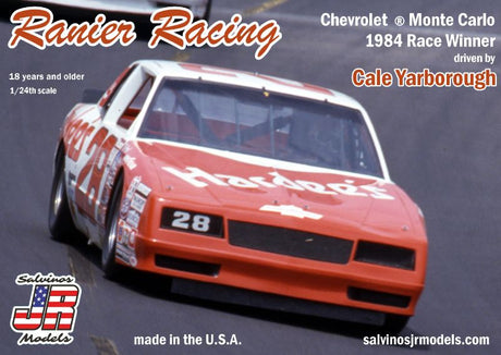 1/25 scale unassembled model kit of the '84 Chevrolet Monte Carlo #28, featuring Cale Yarborough's iconic NASCAR design.