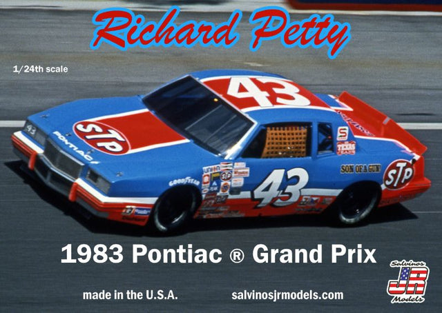 1/25 scale unassembled model kit of the '83 Pontiac GP #43, featuring detailed components, tribute to Richard Petty.