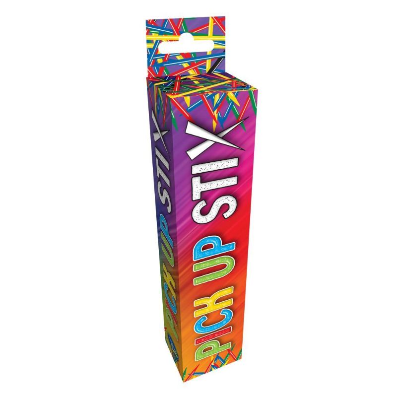 Colorful wooden sticks for the classic game Pick Up Stix, promoting skill and family fun for ages 6 and up.