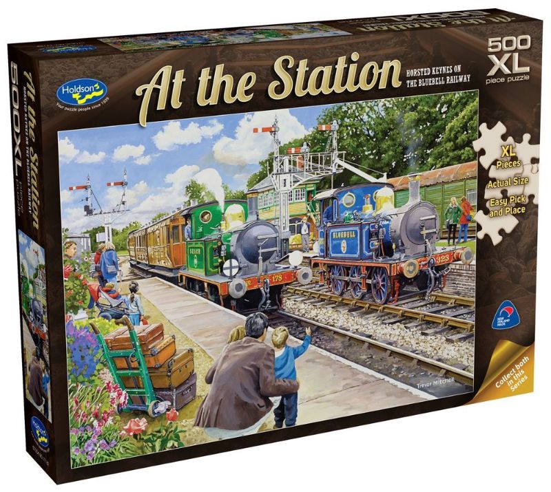 500-piece XL puzzle depicting Horsted Keynes station on the Bluebell Railway, featuring vibrant artwork by Trevor Mitchell.