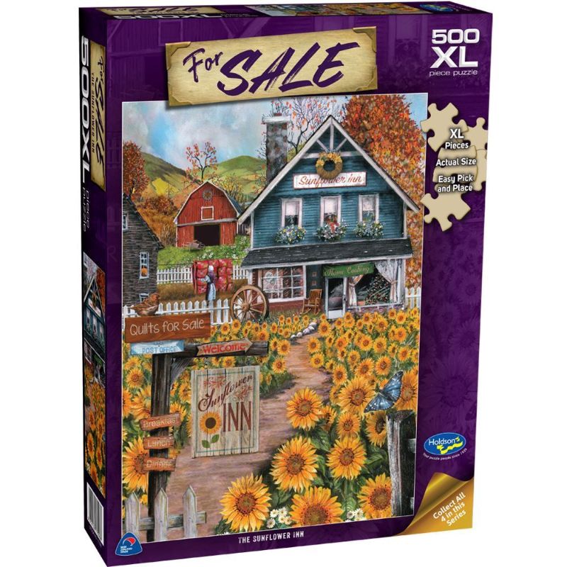 Colorful 500-piece puzzle featuring The Sunflower Inn, vibrant artwork by Tom Wood, perfect for family fun and decoration.