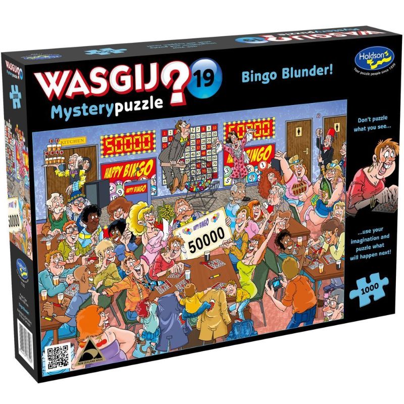 Colorful 1000-piece Wasgij Mystery puzzle titled 'Bingo Blunder!' featuring a chaotic bingo game scene for imaginative puzzling.