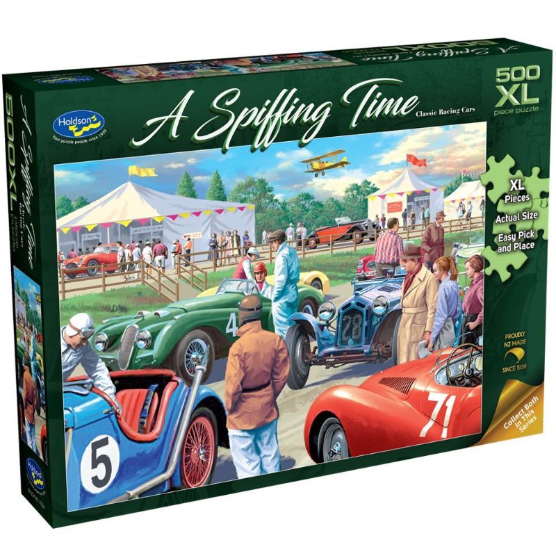 Colorful puzzle of classic racing cars, featuring intricate designs and vibrant details, perfect for car enthusiasts and family fun.