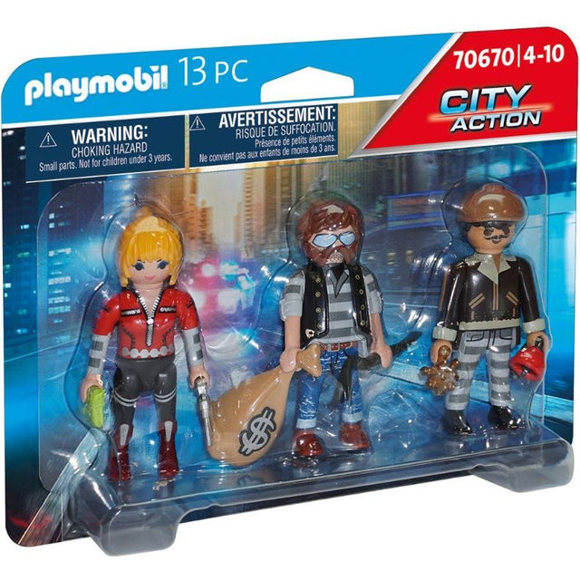 Playmobil Thief Figure Set featuring two crooks and a female villain with accessories for imaginative heist adventures.