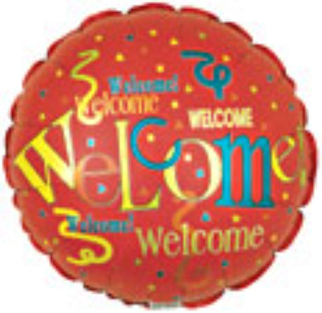 Vibrant 18-inch helium balloon with a repeating 'Welcome' design, perfect for festive celebrations and event decor.