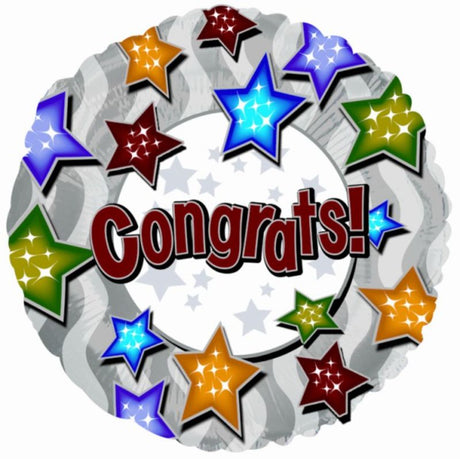 Vibrant 18-inch Congrats Stars Balloon with bold colors and star patterns, perfect for celebrating achievements.