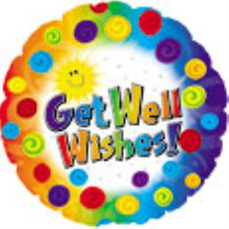 Colorful 18in Get Well Dots & Swirl Balloon with playful design, perfect for uplifting spirits during recovery.