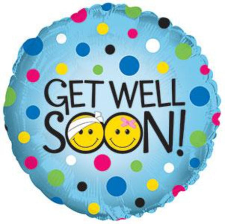 Vibrant 17in helium balloon with cheerful smiley faces, perfect for sending get well wishes and lifting spirits.