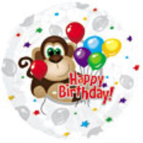 Vibrant 18in Monkey Around Birthday Balloon featuring a playful monkey design, perfect for jungle-themed celebrations.