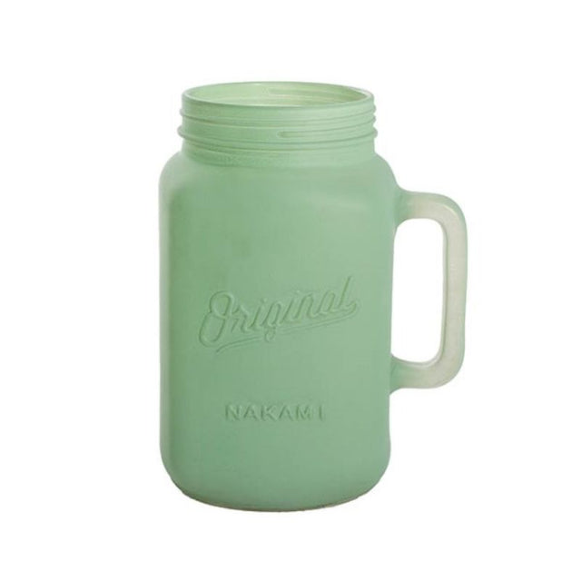 Sage green glass mason jug vase with handle, perfect for flowers or decor, 13.5Dx20cmH.