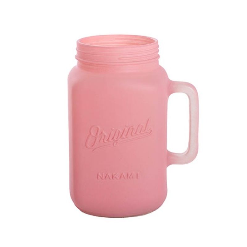 Pink glass Mason jug vase with handle, perfect for flowers or decor, 13.5cm wide and 20cm high. Ideal for home accents.