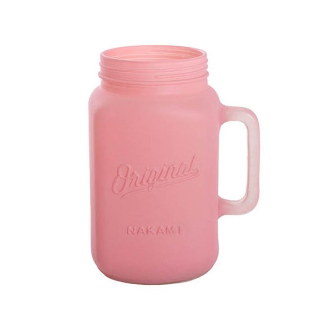 Pink glass Mason jug vase with handle, perfect for flowers or decor, 13.5cm wide and 20cm high. Ideal for home accents.
