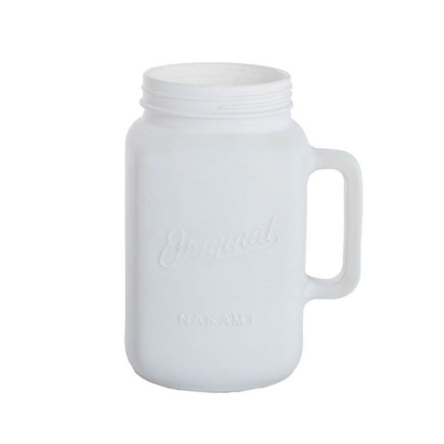 White Mason Jug glass vase with handle, 13.5Dx20cmH, perfect for flowers, candles, or as a decorative centerpiece.