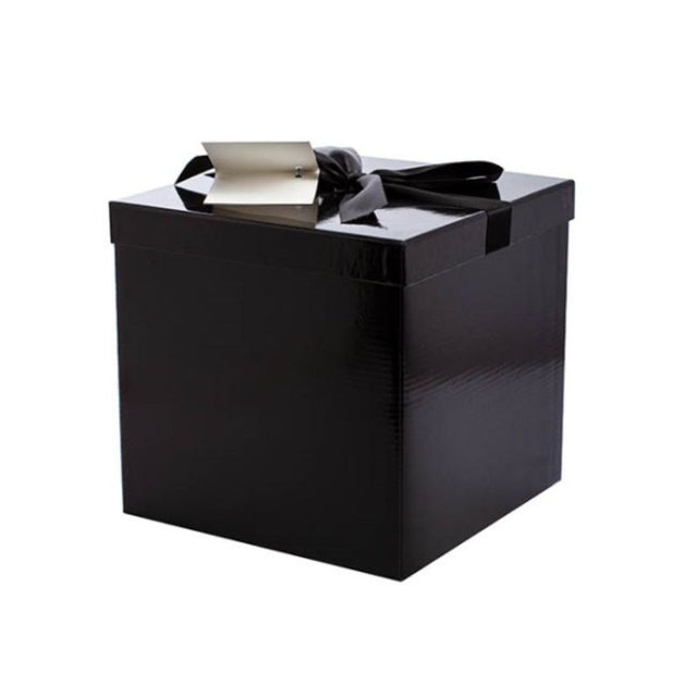 Elegant large black flat pack gift box with bow, measuring 224x224x215mmH, perfect for any special occasion.