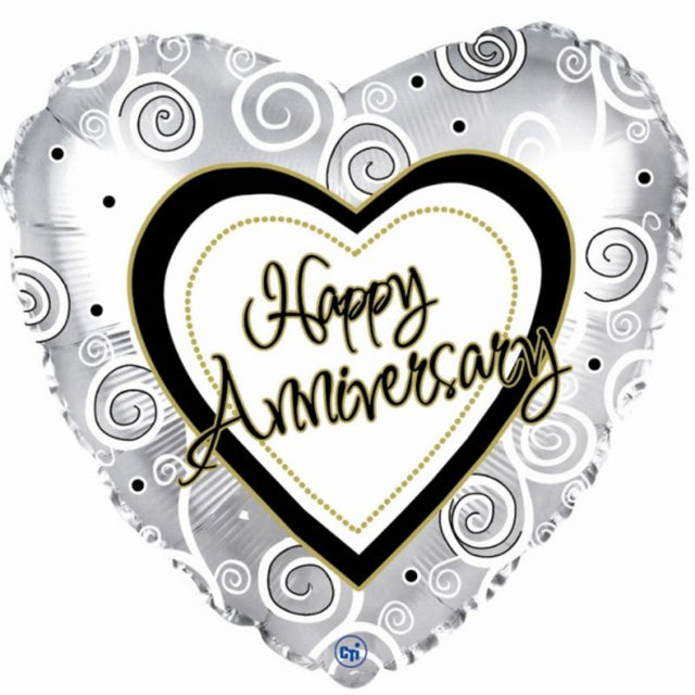 Vibrant 18-inch Anniversary Swirls Balloon featuring festive swirl patterns, perfect for celebrating love and special moments.