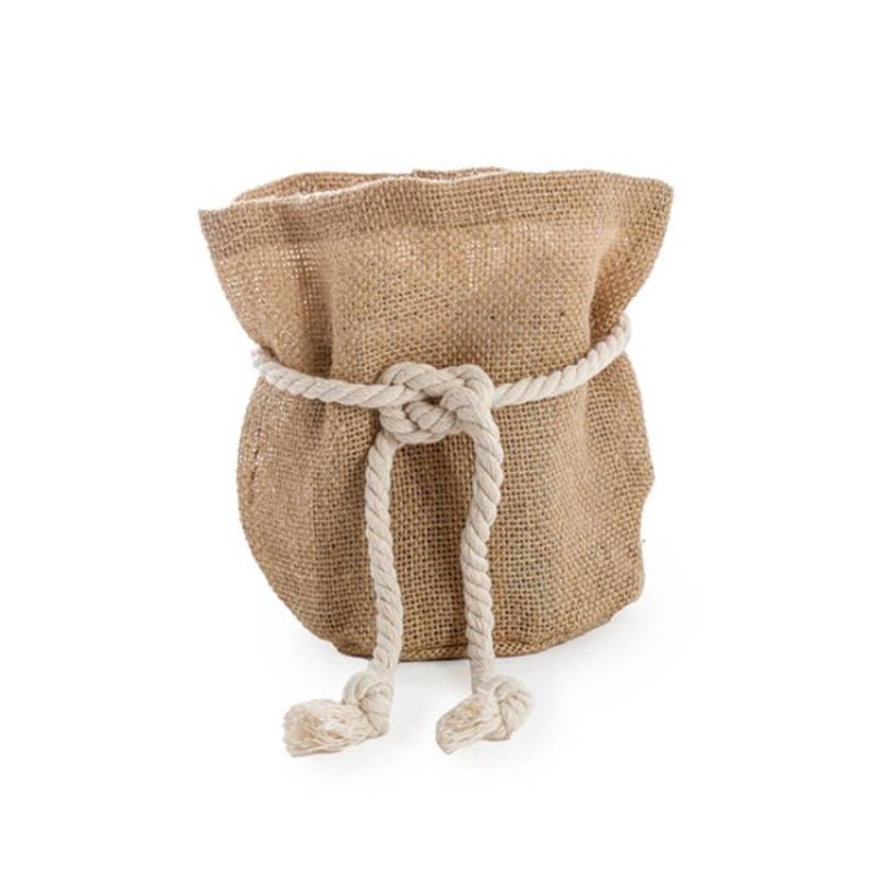 Small natural hessian sack, eco-friendly jute bag, perfect for storage, organization, or unique gift wrapping.