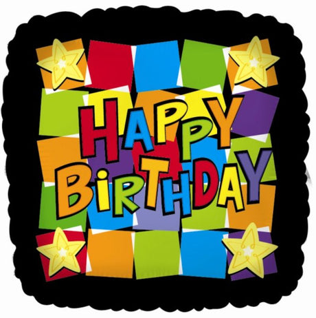 Vibrant 18-inch Happy Birthday Dancing Squares balloon featuring playful squares, perfect for festive birthday celebrations.