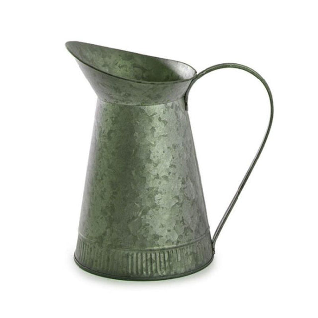 Rustic tin water pitcher in hunter green, 12Dx22cmH, perfect for farmhouse decor and versatile as a vase or beverage server.