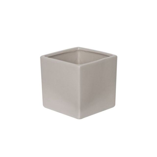 Elegant light grey ceramic cube pot with satin matte finish, perfect for modern decor and indoor gardening.