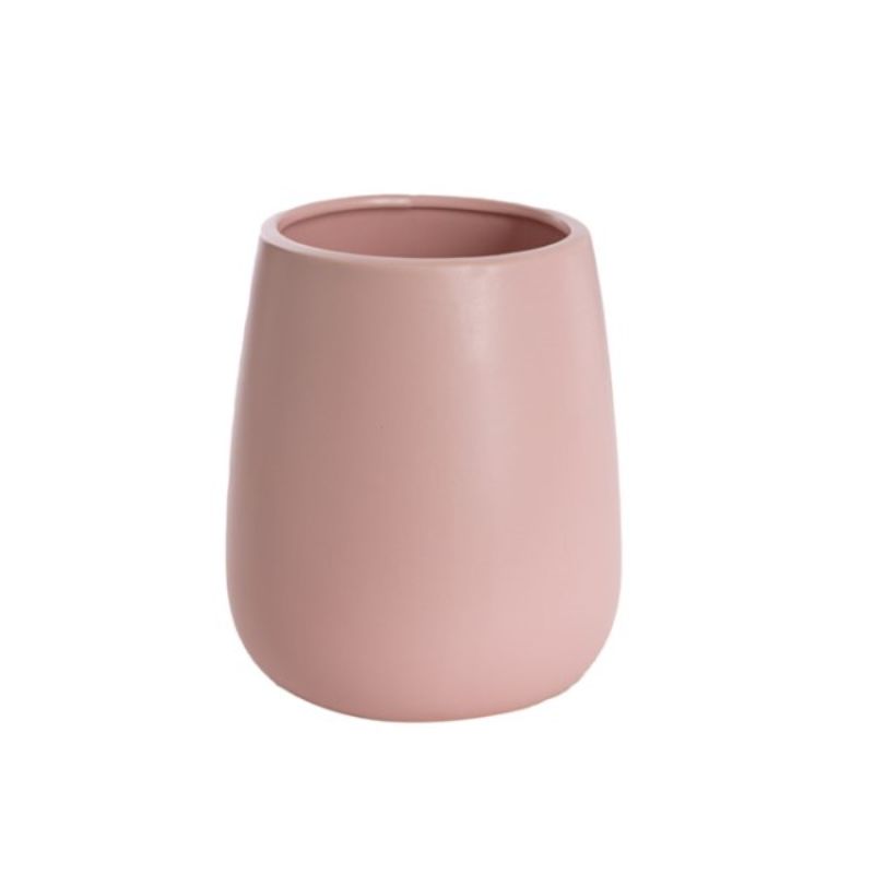 Ceramic pot in soft matte pink, perfect for indoor plants, measuring 15.5x18cmH, adding elegance to any decor.