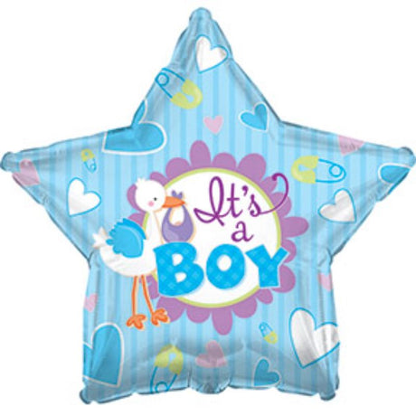 17-inch "It's a Boy" stork balloon with star design, perfect for baby showers and celebrations.