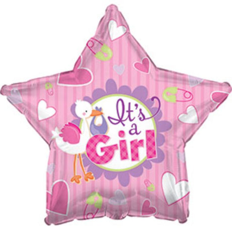 Whimsical 17in "It a Girl" balloon featuring a stork and pink star pattern, perfect for baby showers and celebrations.