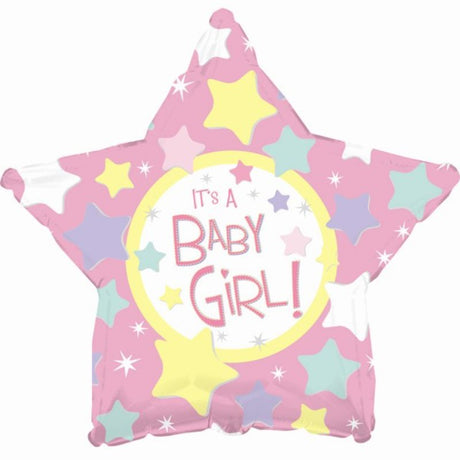 18-inch star balloon with "It's a Baby Girl" message, perfect for baby showers and celebrations.