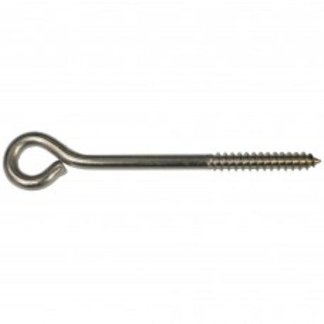 Stainless steel screw eye by Hindley, 5 inches long and 1/4 inch wide, ideal for durable indoor and outdoor fastening.