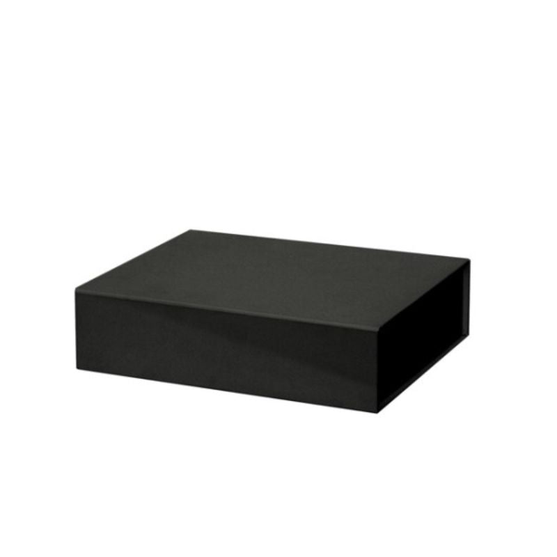 Elegant black magnetic flap gift box, measuring 25x20x6.5cmH, perfect for birthdays and special occasions.