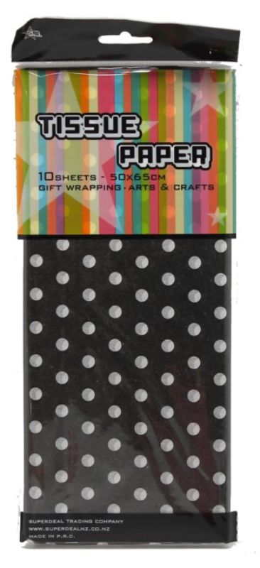 10 sheets of white tissue paper adorned with stylish black dots, perfect for gift wrapping and crafting projects.