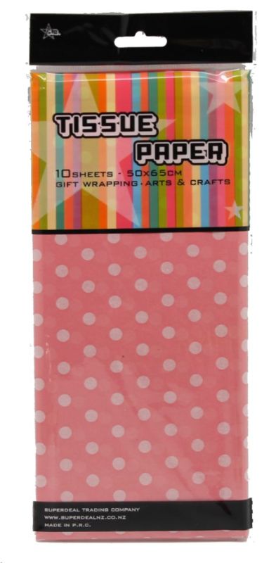 10 sheets of soft pink tissue paper with white dots, perfect for gift wrapping and party decor.