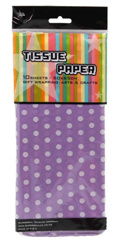 10 pieces of light purple tissue paper with white dots, ideal for gift wrapping and party decorations, size 51 x 66cm.