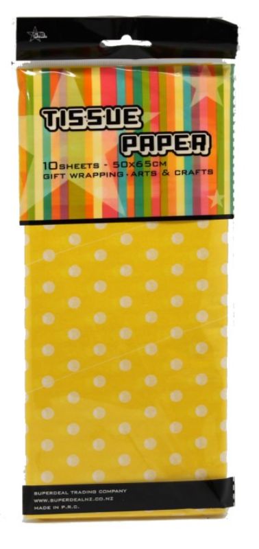 Vibrant yellow tissue paper with white dots, perfect for gifts and crafts, measuring 51 x 66cm in a 10-piece set.