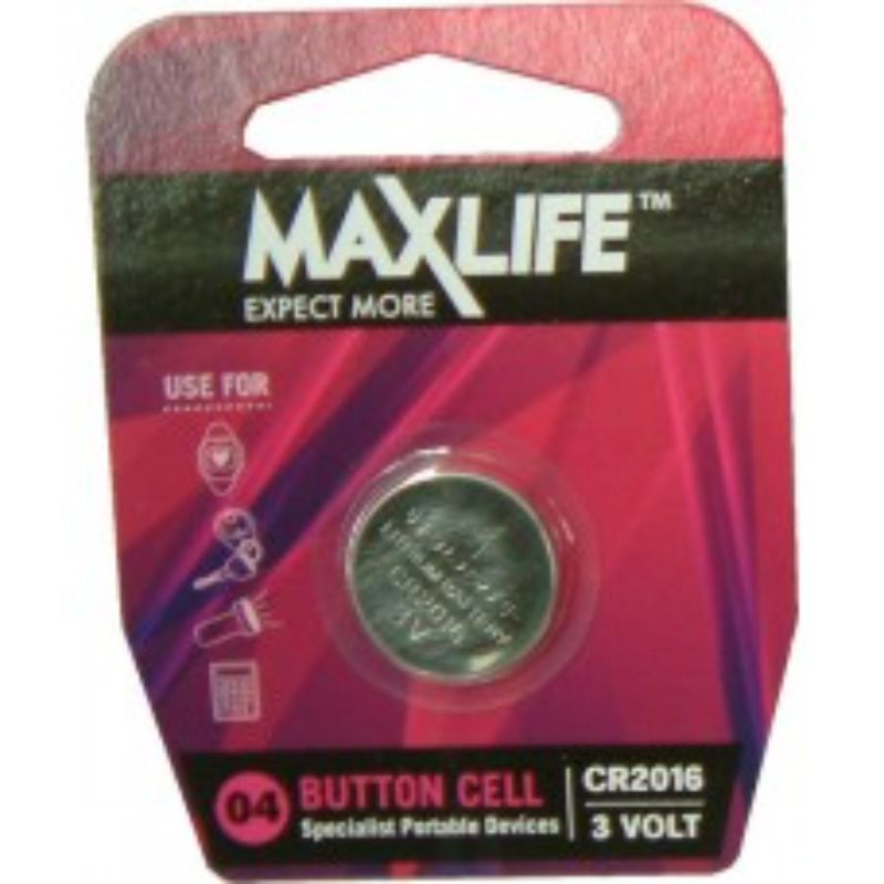 Max-Life CR2016 lithium button batteries for watches and electronics, offering long-lasting power and reliability.