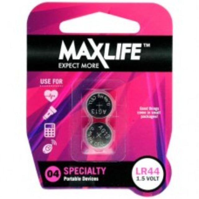 LR44 Max-Life alkaline button batteries in a 2-pack, designed for long-lasting power in small electronic devices.