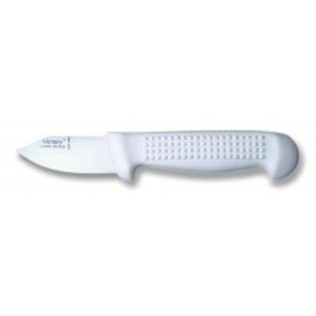 Oyster knife with stainless steel blade and ergonomic plastic handle for easy and safe shucking of oysters.