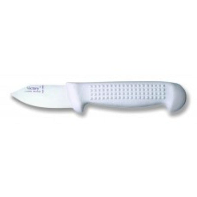 Oyster knife with stainless steel blade and ergonomic plastic handle for easy and safe shucking of oysters.