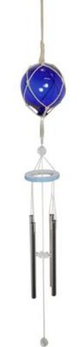 Blue glass ball wind chime, elegantly catching sunlight and creating soothing melodies in your garden or patio.