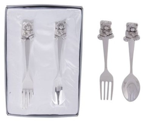 Spoon and fork set featuring a silver bear design, crafted from stainless steel, perfect for elegant dining and gifts.